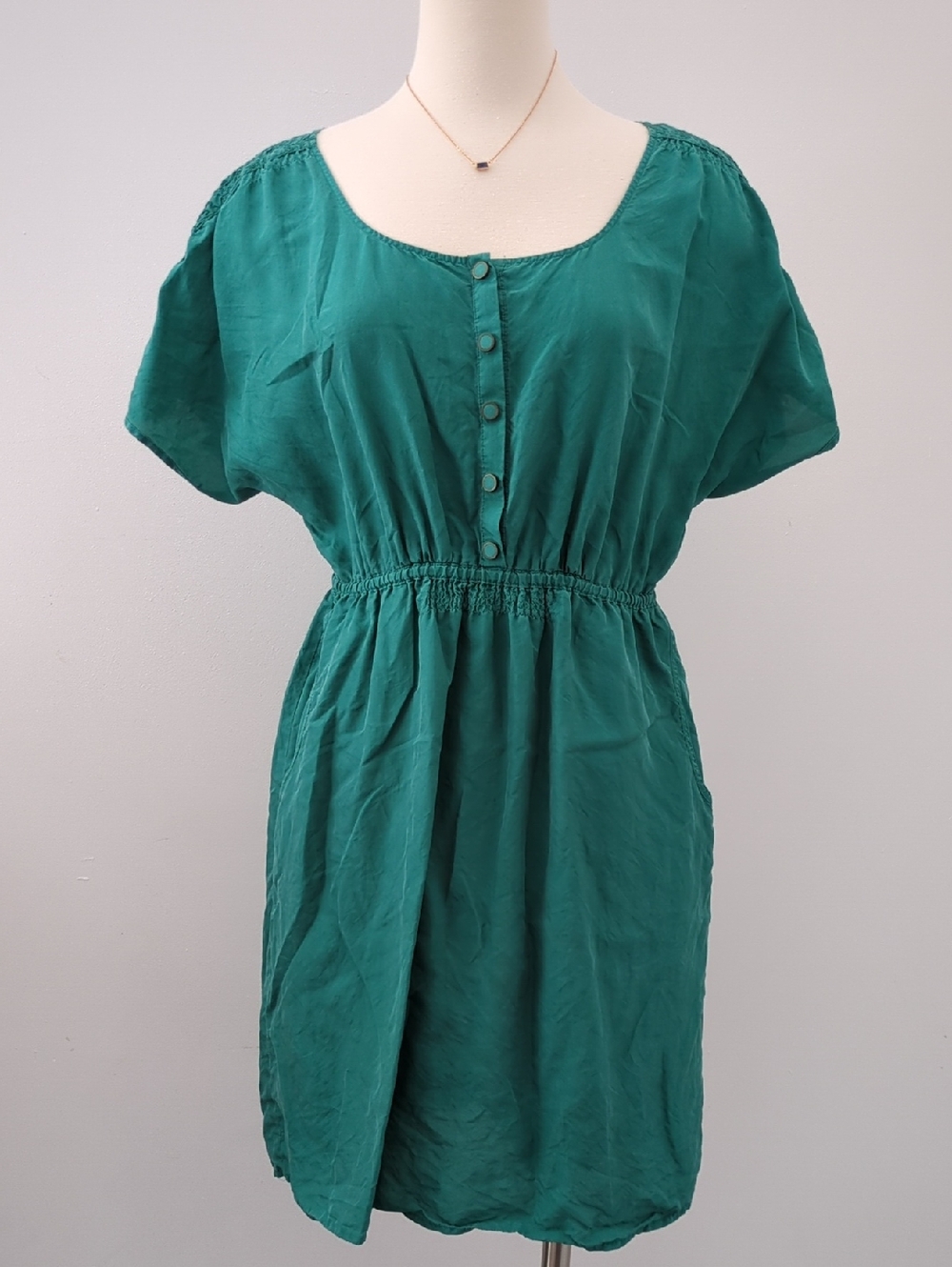 Teal Green Short-Sleeve Button Front Women's Dress, Pockets!